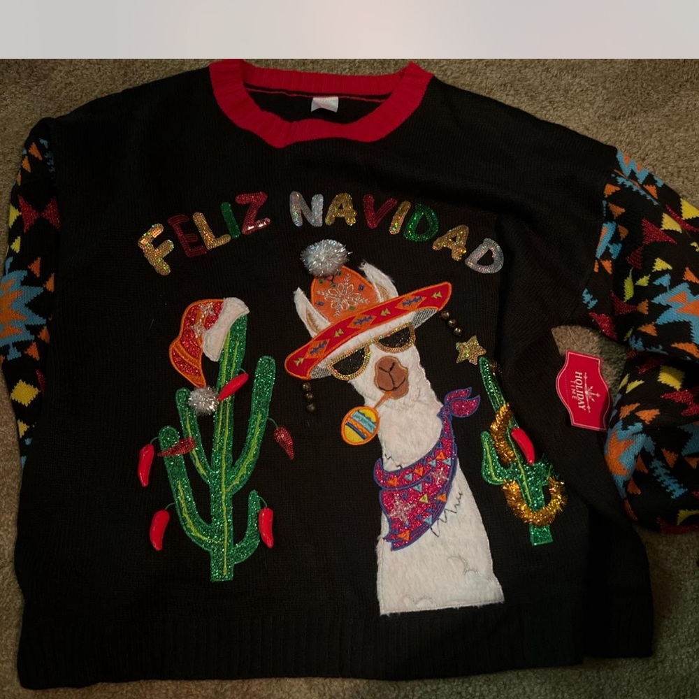 Target Black Off-the-Shoulder Sweater with Festive Llama Design